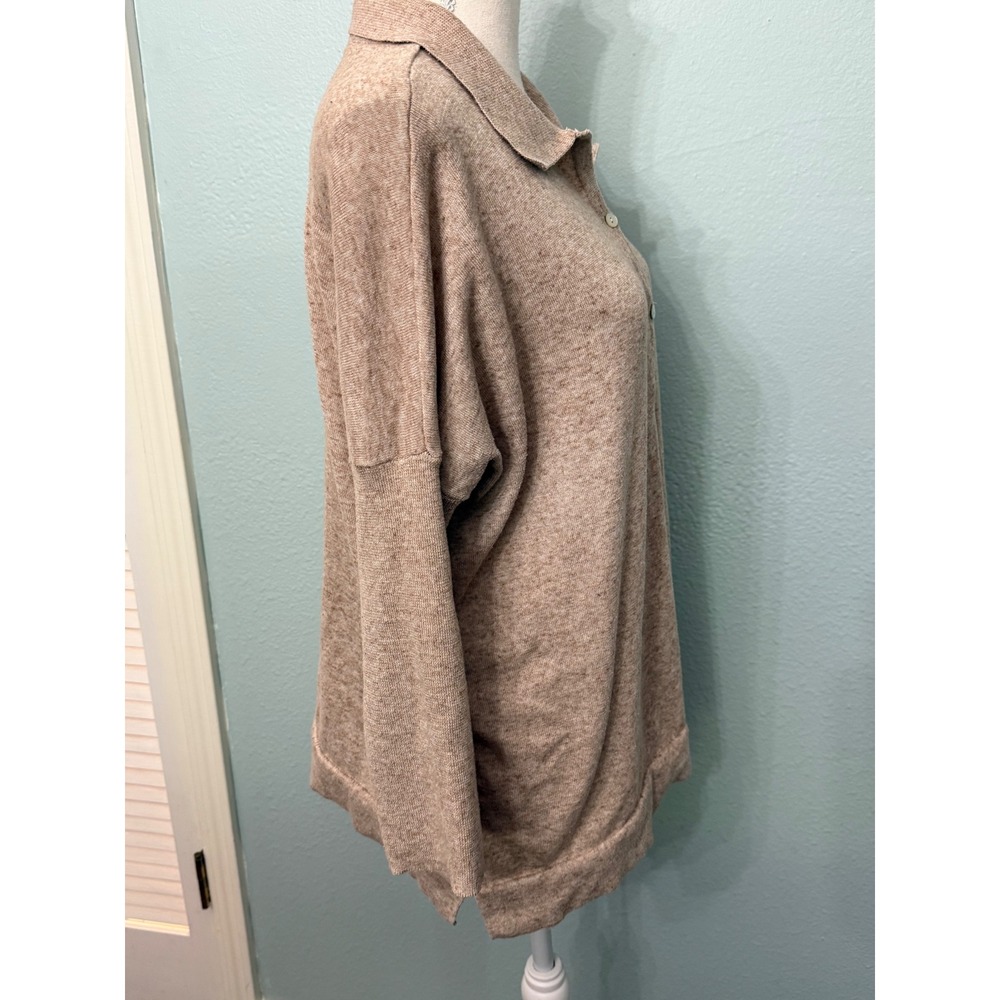 Tuckernuck Women Tan Heather Tencel Linen Blend Long Sleeve Polo Sweater M/L - Picture 2 of 5